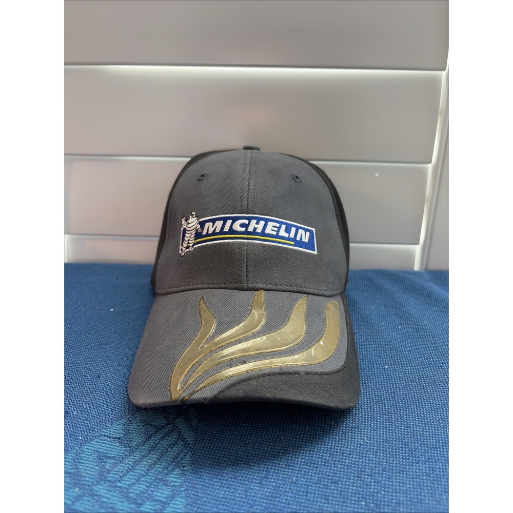 Vtg Michelin Baseball Cap Hat Gray Black Gold Accents Y2K